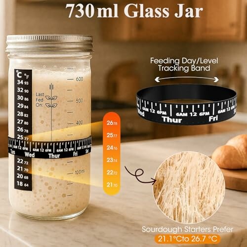 730ml glass jar for tracking sourdough starter with temperature guide and feeding day band.