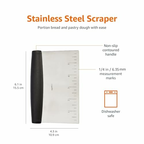 Stainless steel scraper with measurement marks and non-slip handle.