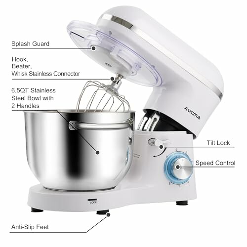 Diagram of a stand mixer with labeled parts including splash guard, hook, beater, whisk connector, stainless steel bowl, tilt lock, speed control, and anti-slip feet.