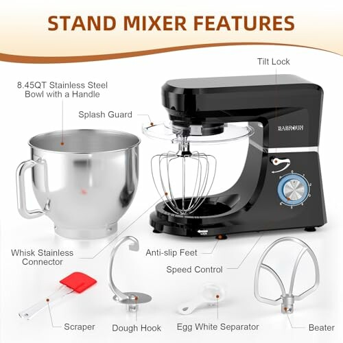 Stand mixer with stainless steel bowl and various attachments.
