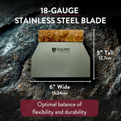 Steelport 18-gauge stainless steel blade with measurements, highlighting flexibility and durability.