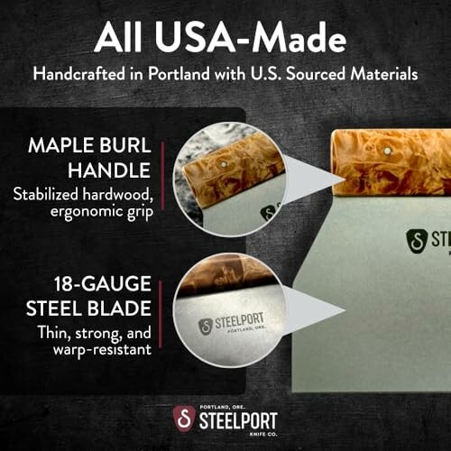 Steelport USA-made chef knife with maple burl handle and 18-gauge steel blade.