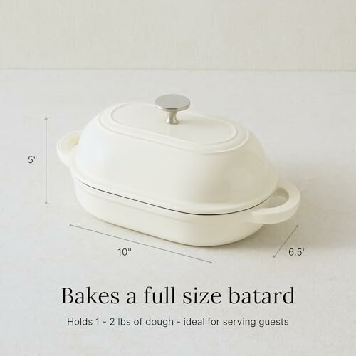 White bread baking dish with lid and dimensions.