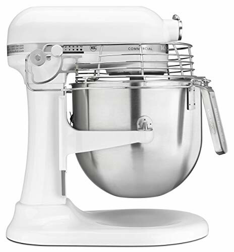 White commercial stand mixer with stainless steel bowl.
