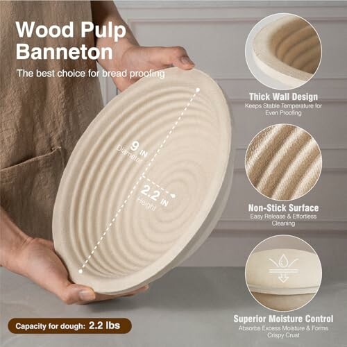 A wood pulp banneton with features like thick wall design, non-stick surface, and moisture control.