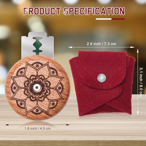 Wooden coaster with mandala design and red felt case, product specifications included.